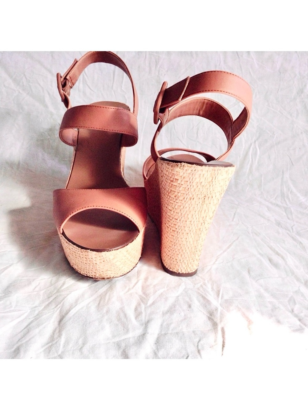 J.Crew Blush Tan Nude Leather Raffia Wedge Platform High Heel Sandals Beige US 9
